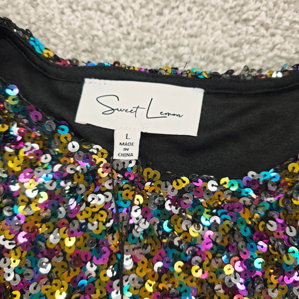 New‎ Sweet Lemon Womens Multicolor Sequin Long Sleeve Mini Dress NWT Size L - Picture 2 of 9
